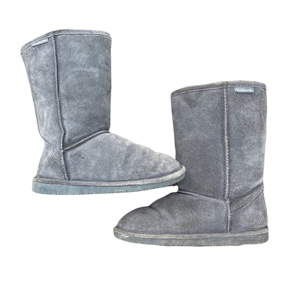 Bearpaw Emma Short Charcoal Gray Suede Shearling Cozy Casual Winter Boots Size 8